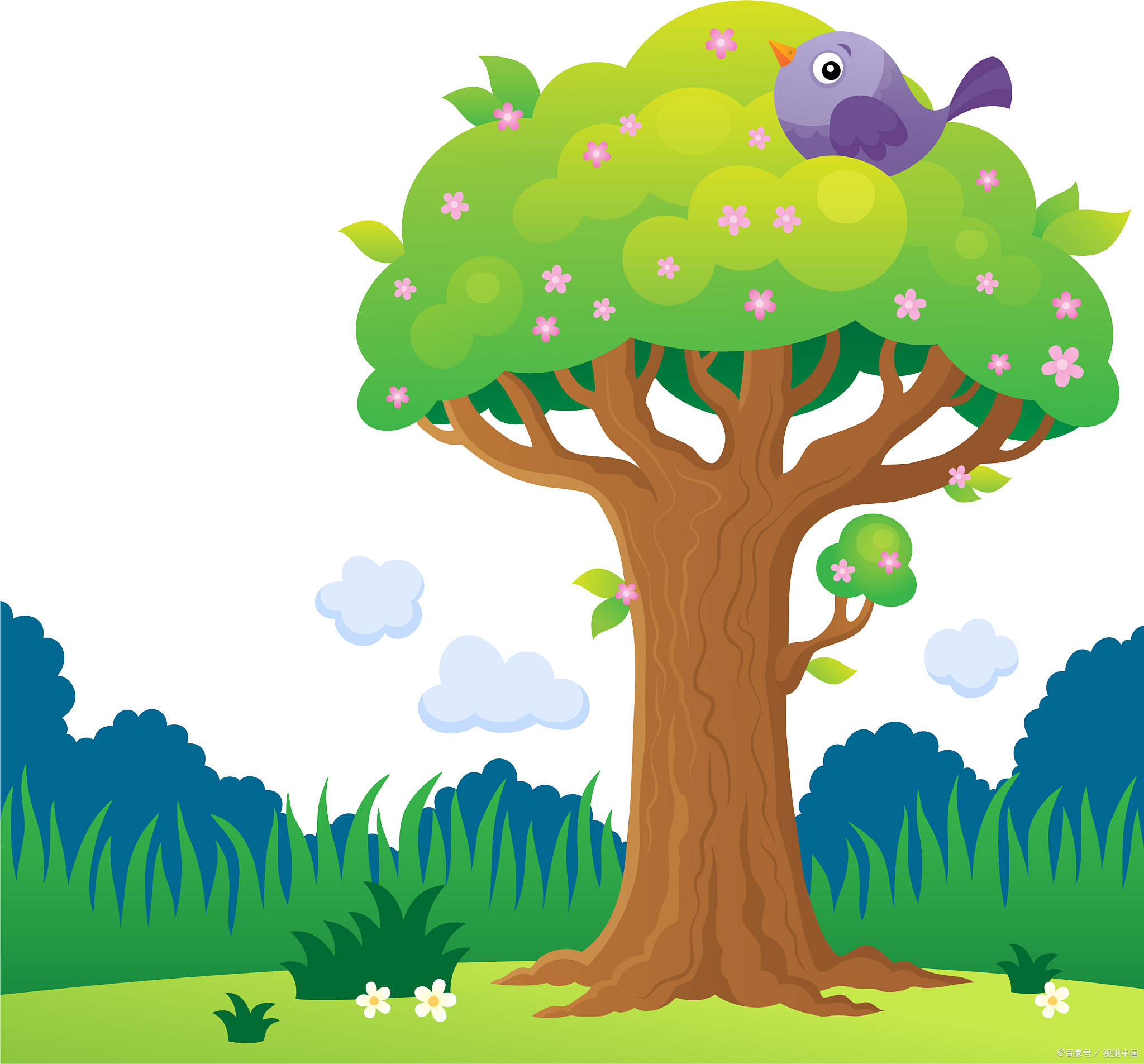 森林大树卡通图片"树是小鸟的书"卡通图大地,小鸟,云朵,蚯蚓,卡 