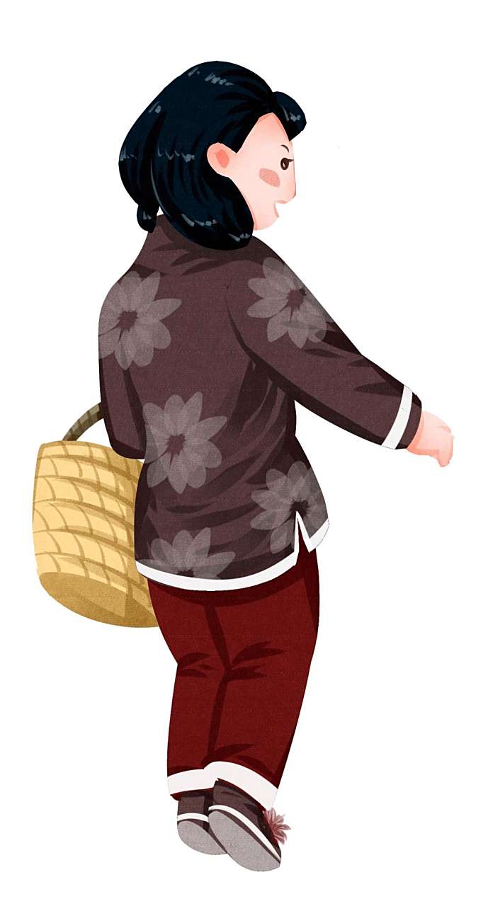 周六早上,奶奶挎着篮子,对孙子说,我要去买菜,你一起去吗?