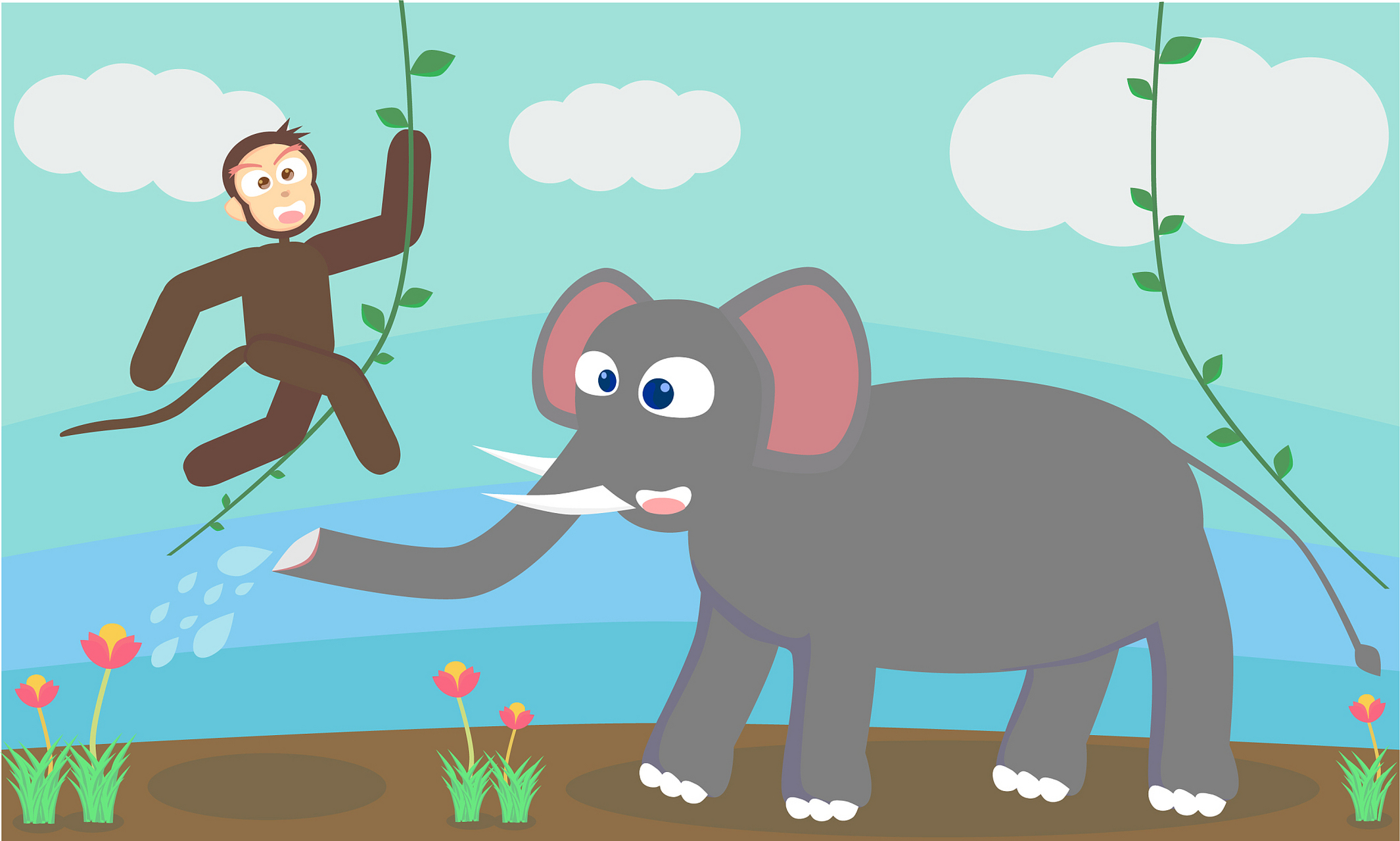 猴子对大象说:"你为什么要用鼻子喷水呢?你不觉得很奇怪吗?