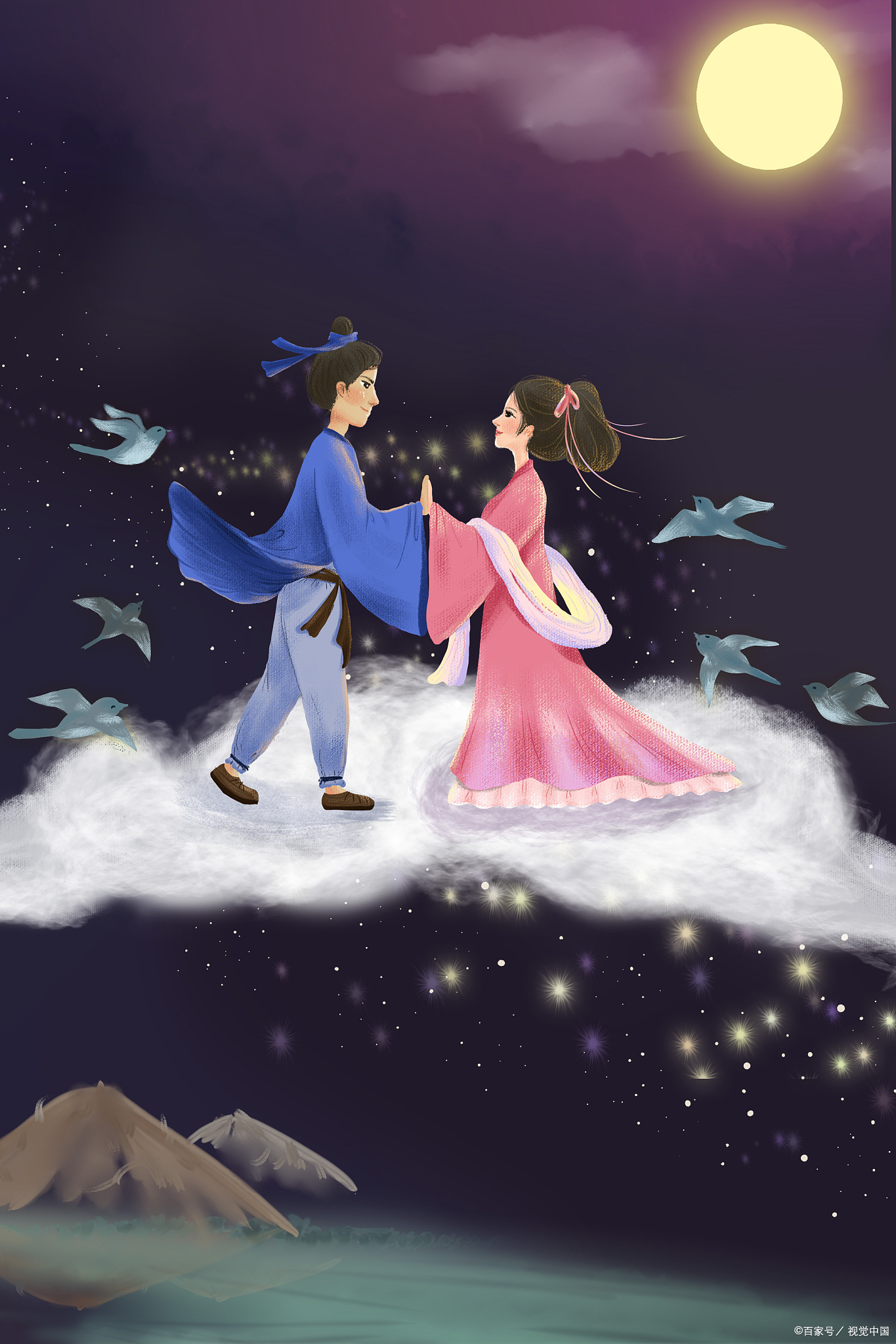 缥缈鹊桥明彩练, 朦胧蟾月映苍穹