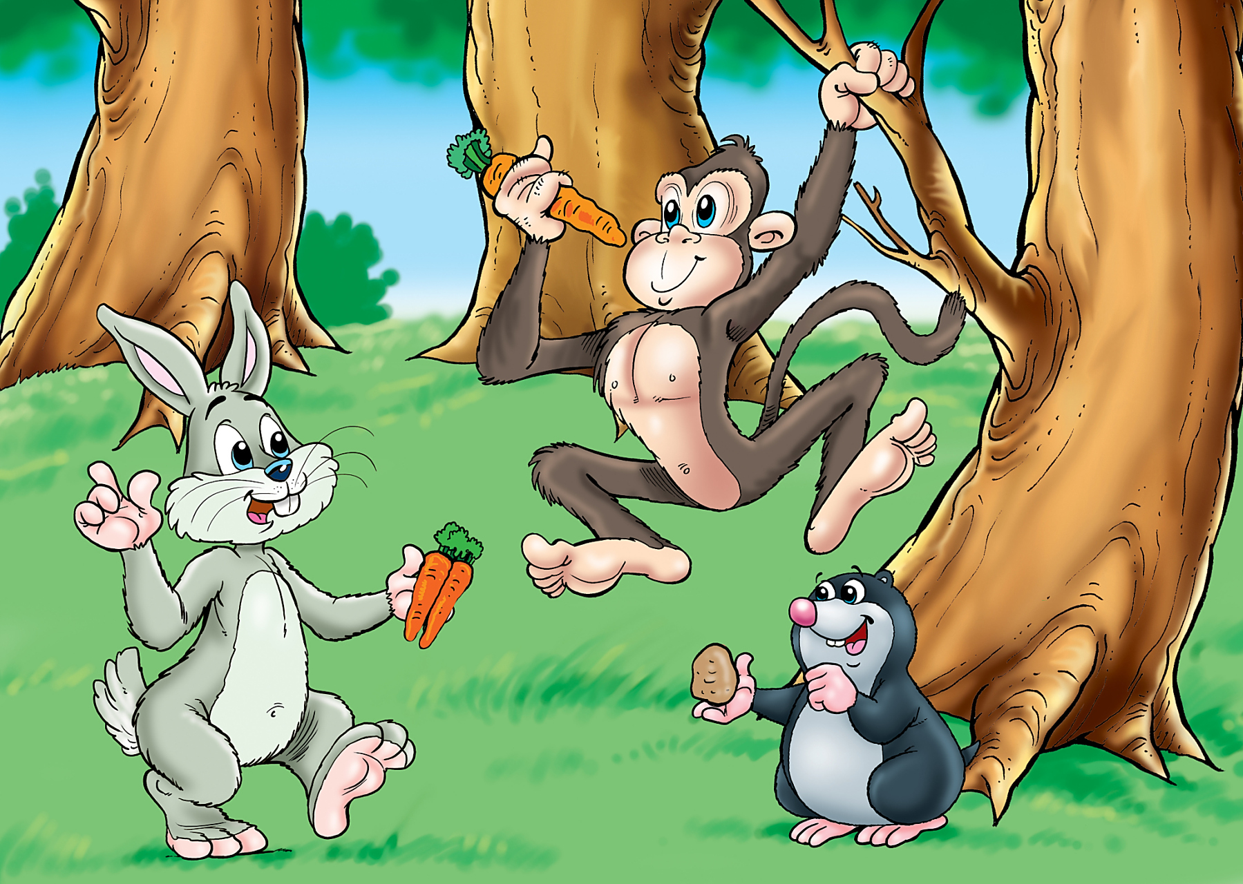 一个晴朗的白天,草地上小兔子背著书包去上学.