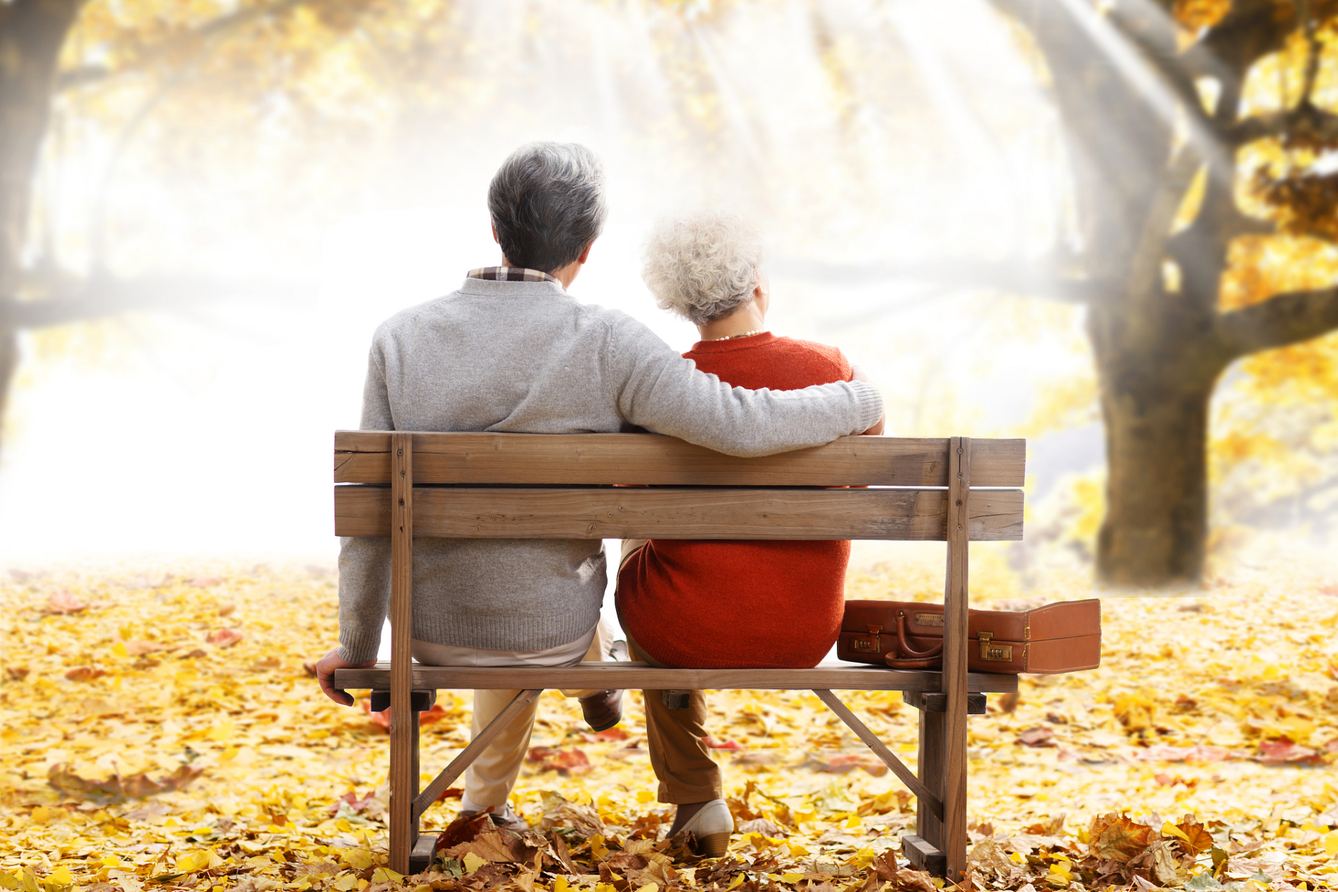 一对夫妻在公园里散步,他们突然看到一对老年夫妇在亲吻.