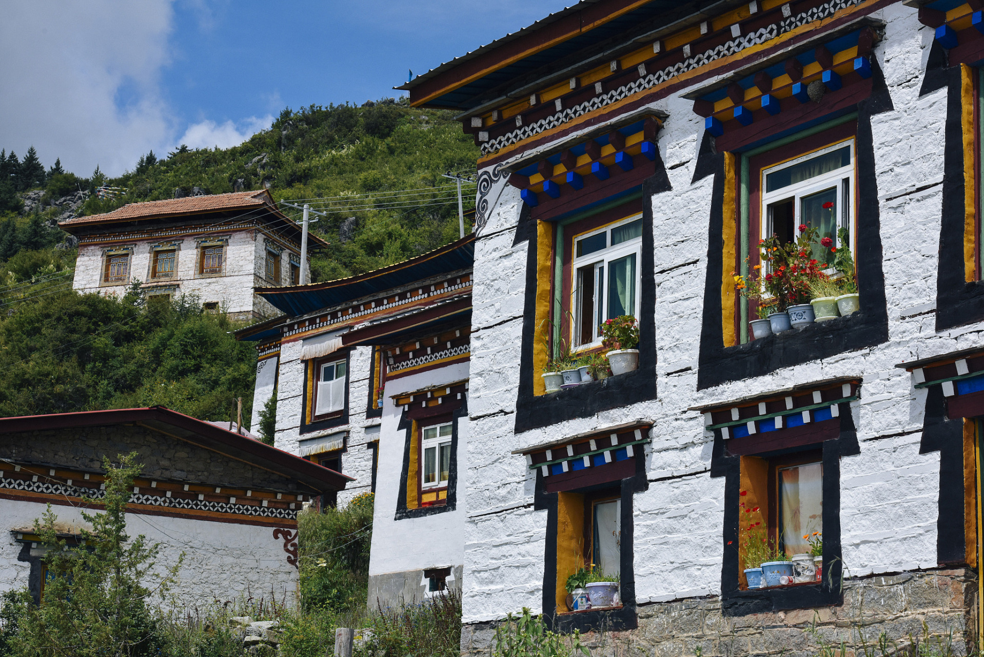 这里是一个典型的藏式建筑群落,房屋都是用石头和木头建造的,屋顶上插