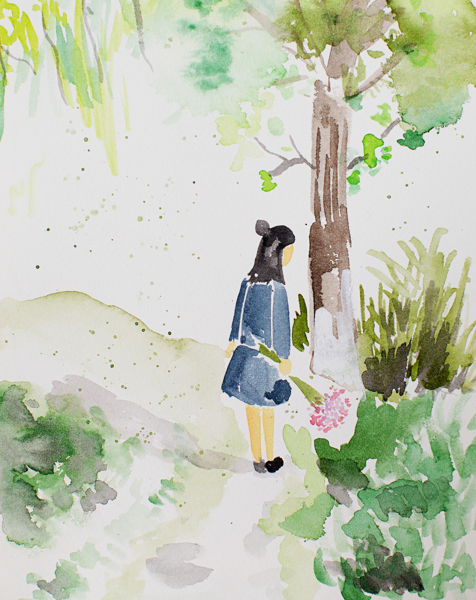 开花插画散文插画手绘人物环境水彩画往事依依绘画插图走在树荫下的人