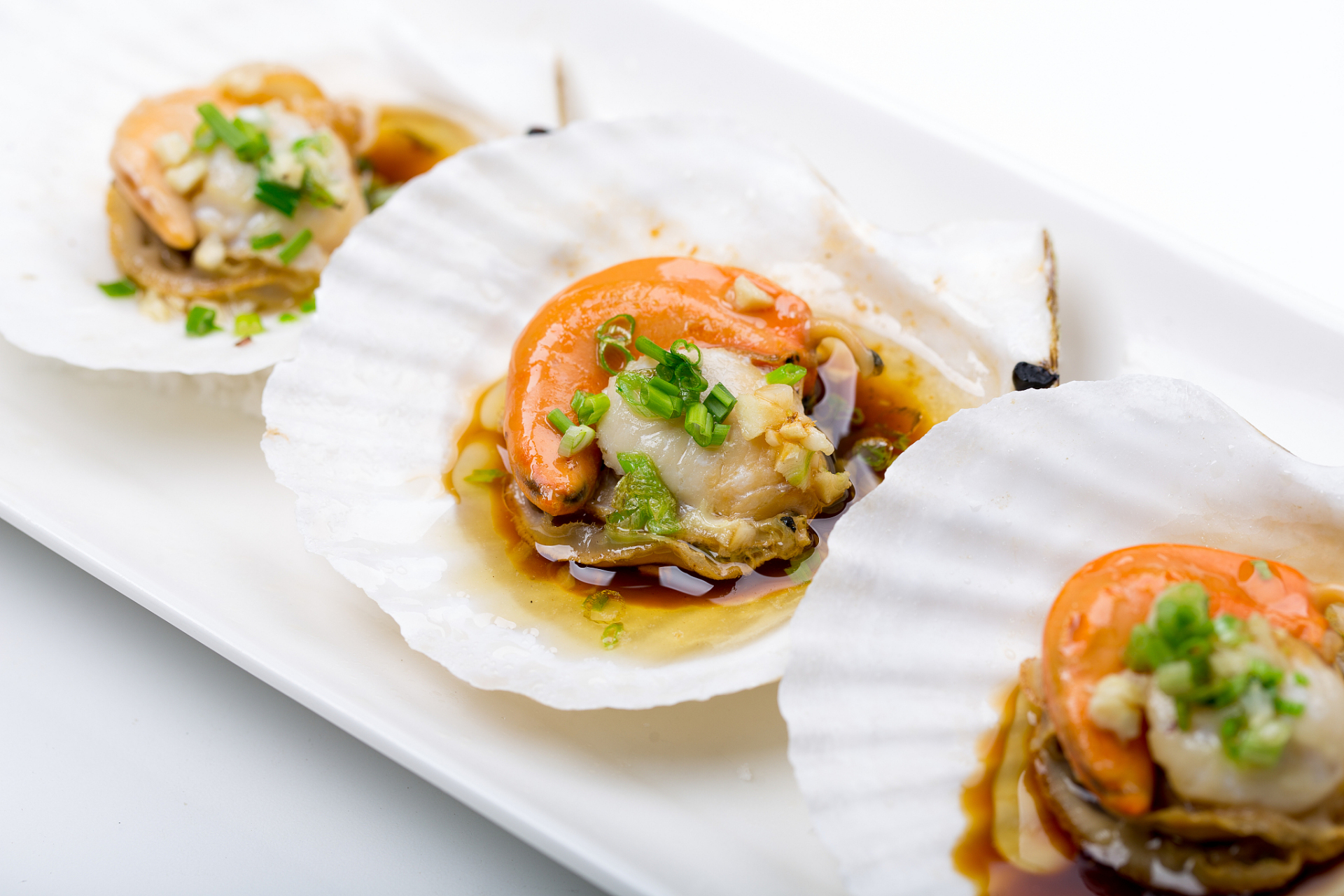 扇贝的外壳呈扇形,表面有放射状的纹路,内部有一块贝肉,呈白色或淡