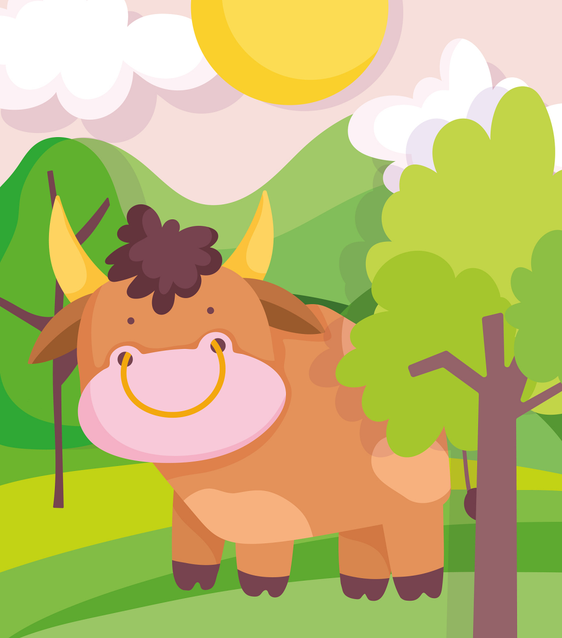 小牛用舌头卷住青草,放进嘴里嚼,青草又香又甜