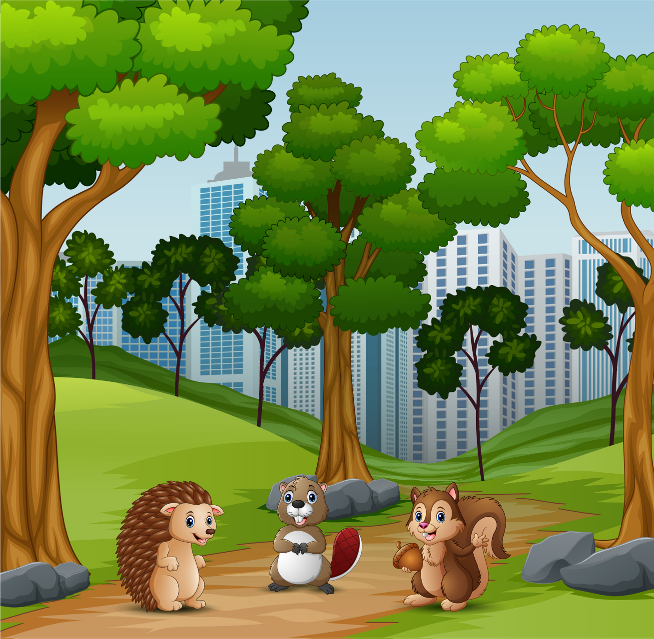 地上的小刺猬说:"小松鼠,你光摘松果,不栽松树,总有一天,一棵松树