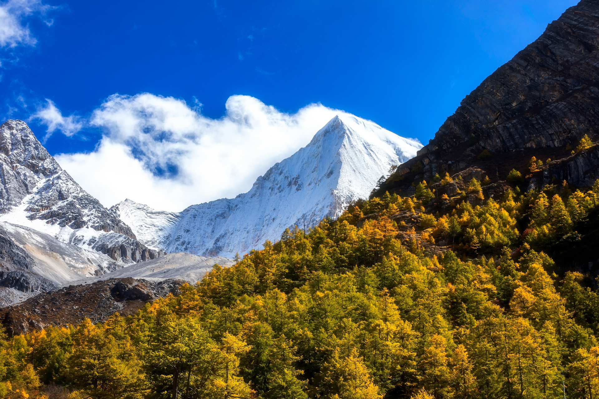 在秋日的阳光下,稻城亚丁上雪山的山顶被金色的阳光所覆盖,山脚下则是