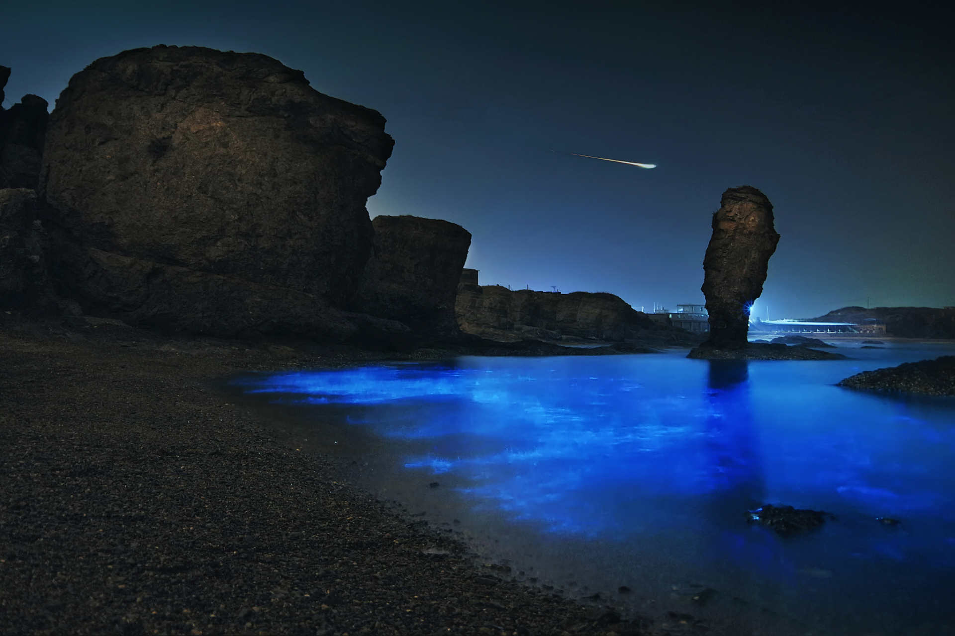 无数散发着幽蓝色光芒的浮游生物随着浪花冲在沙滩上形成了"荧光海滩"
