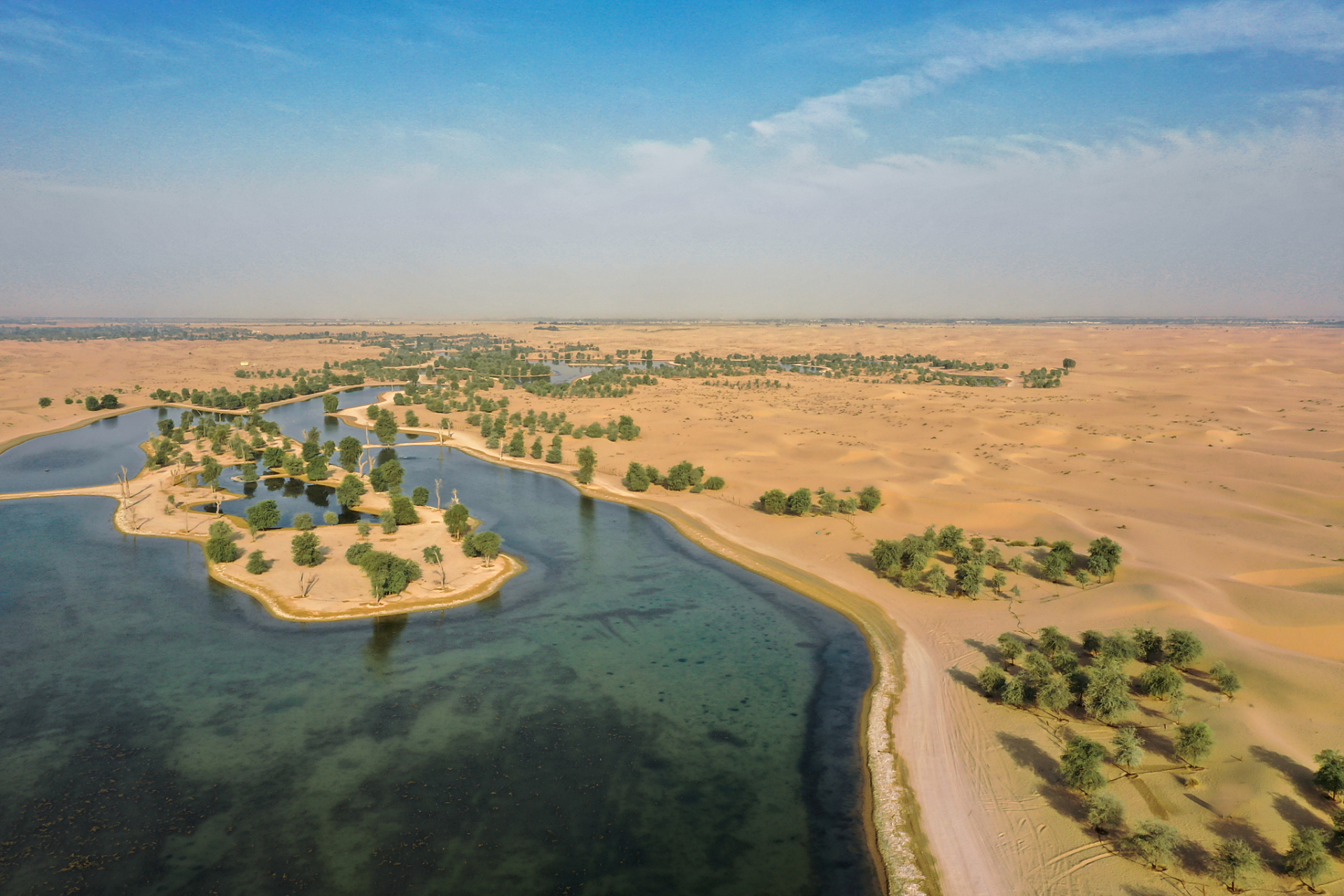 在中卫市沙坡头区的腾格里沙漠湿地金沙岛旅游区,是一个让人流连忘返