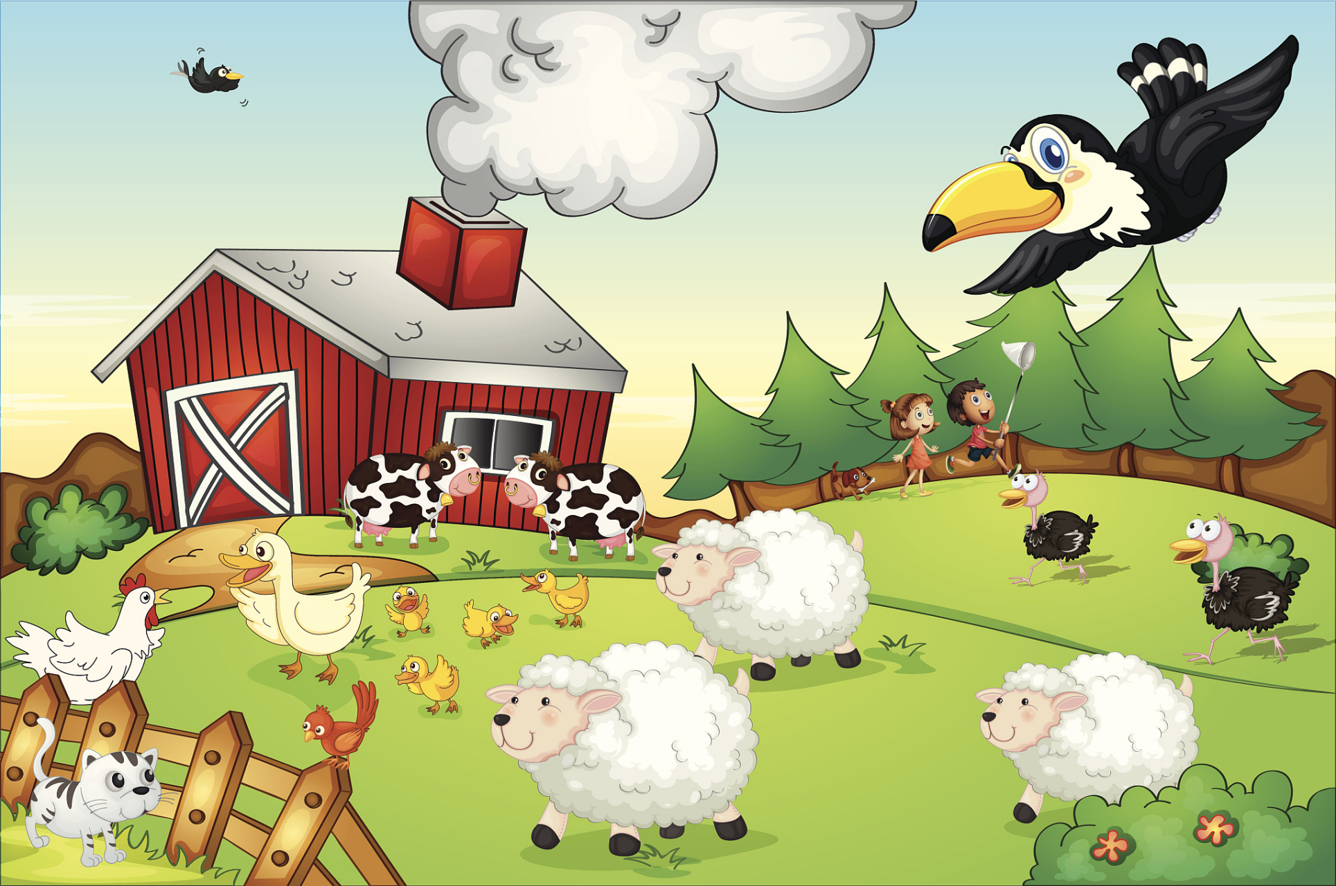 一只鹰从悬崖峭壁上扑向山下的羊群,它用锋利的爪子抓起一只小羊羔,呼