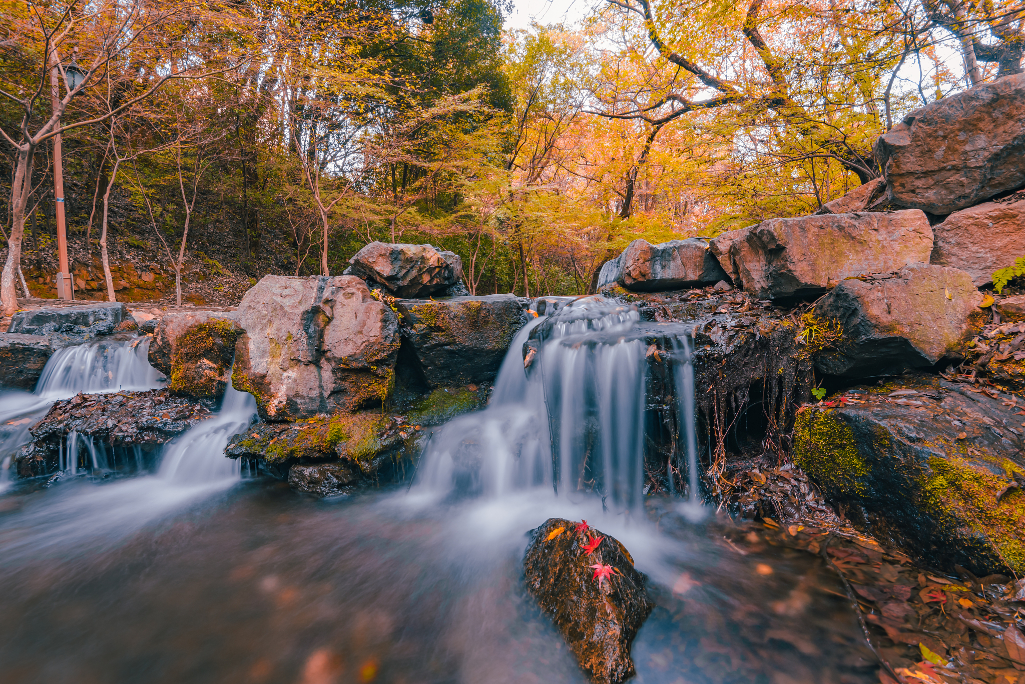 瀑布# 秋天静谧秋水声, 细流渐成溪. 岩间瀑布跃, 溅起珠玉琵.