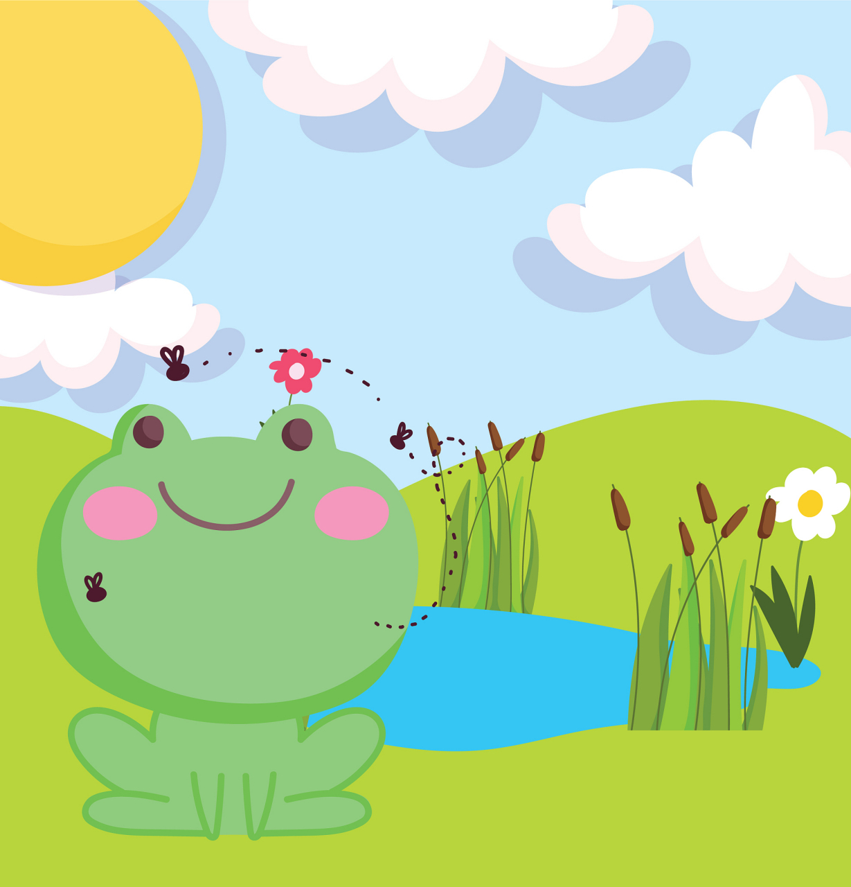 歌曲以明快活泼的旋律作为前奏,描写了小青蛙在东奔西跑地寻找自己的