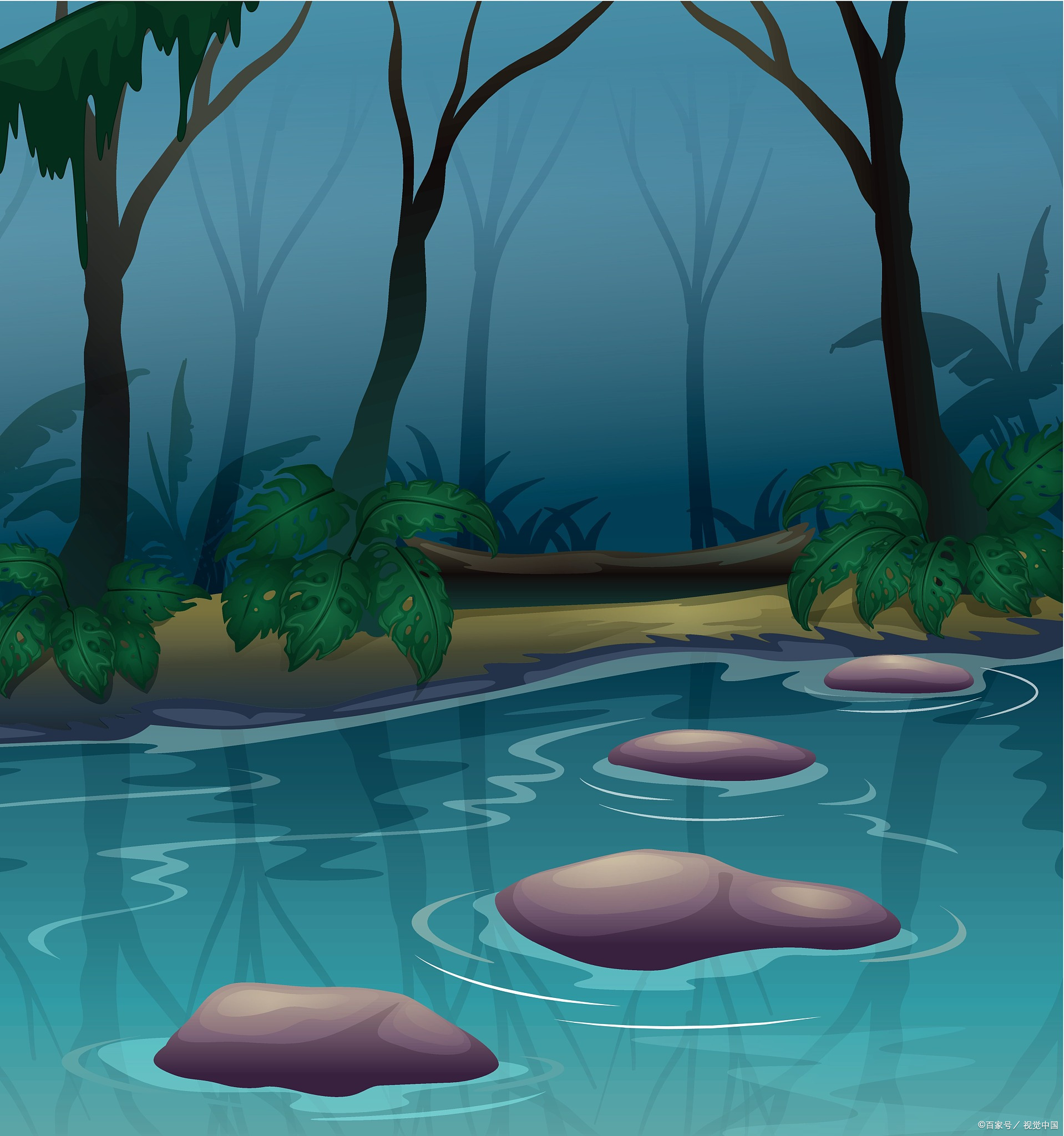 洞卡通水坑插图晚上水帘洞卡通背景图小石潭记场景插图宫崎骏水塘插画