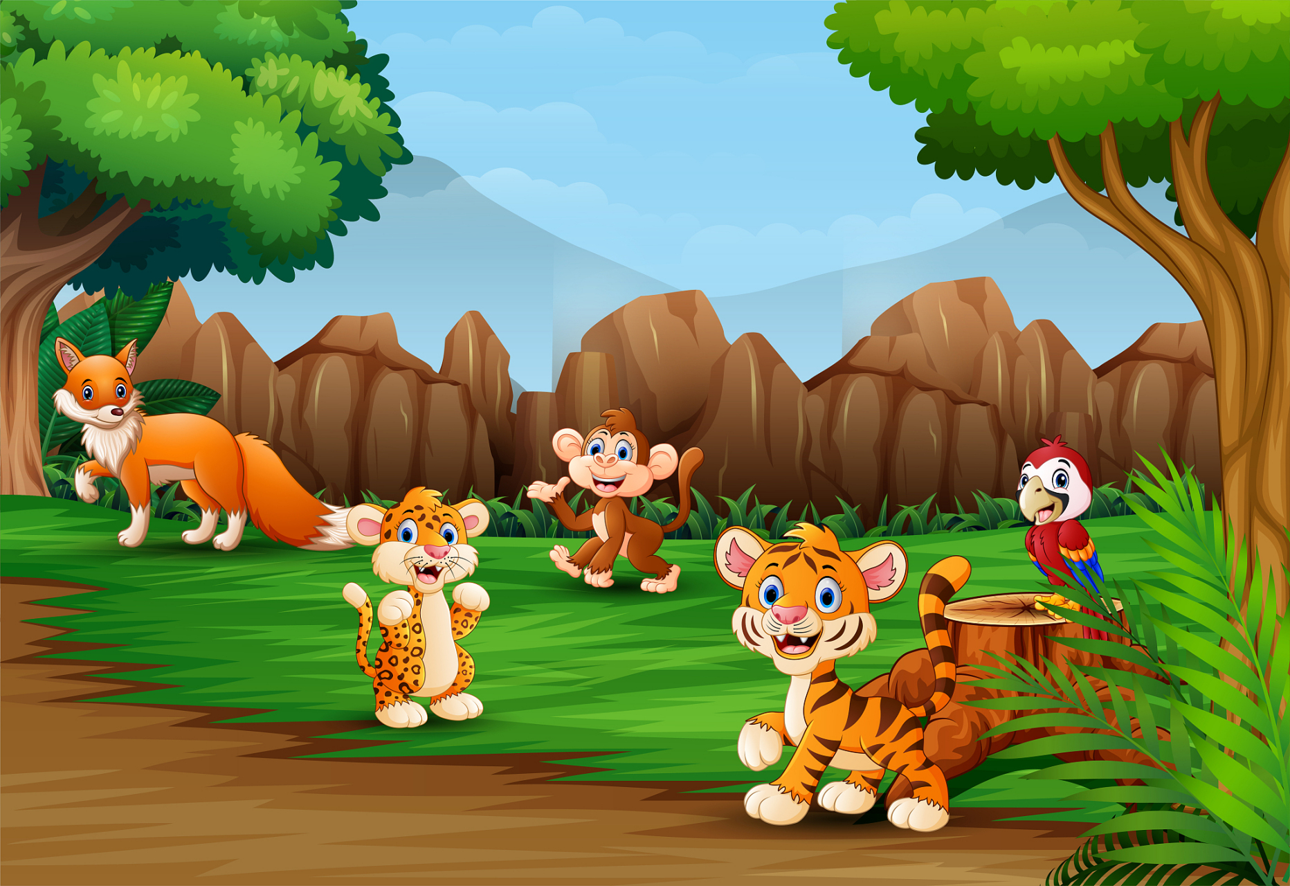 在一片茂密的森林里,住着好多小动物,有老虎,小松鼠,小白兔,狐狸,还有