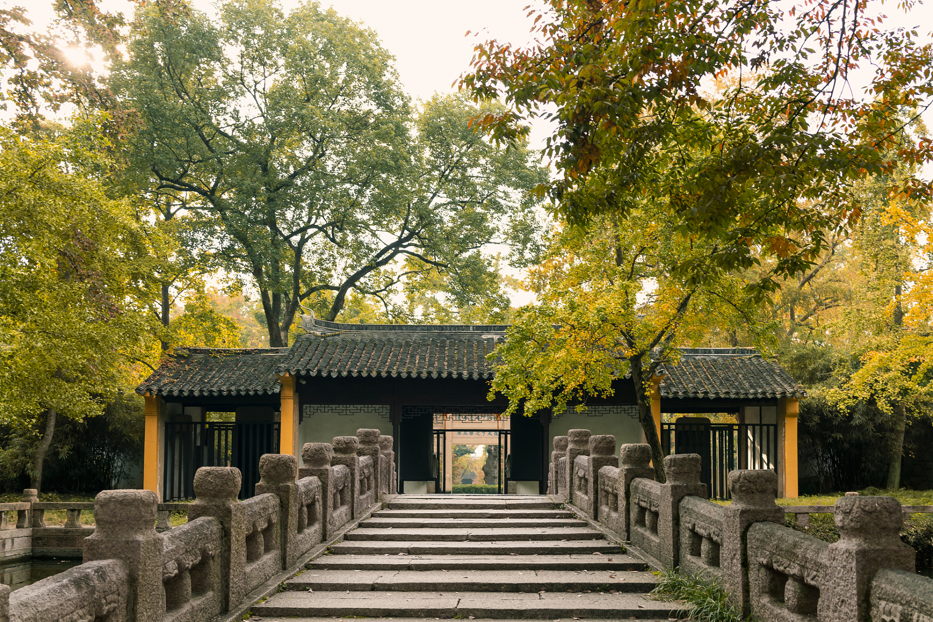 秋天的杜甫草堂景色宜人,杜门高悬,门前的古柏依然挺拔,树荫下的秋菊