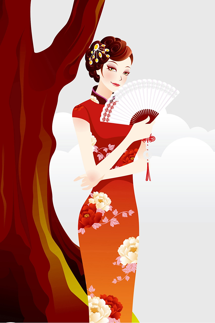 画得很可爱,穿着旗袍的女孩眯着眼睛,穿着长裙的女孩伸着舌头.