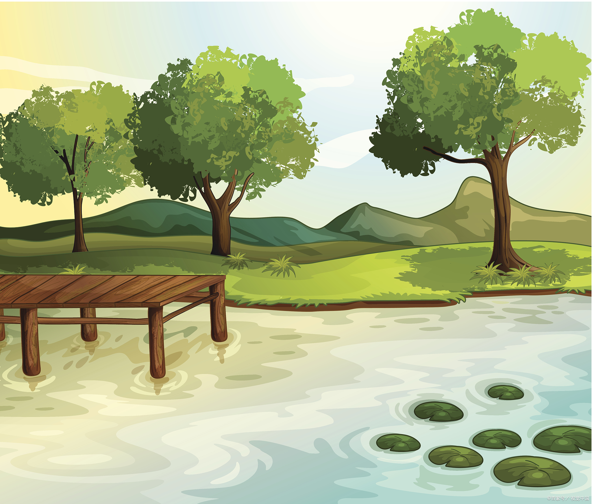 石板路加小河加太阳卡通森林水潭阳光树林水源地卡通夏天土地动画素材