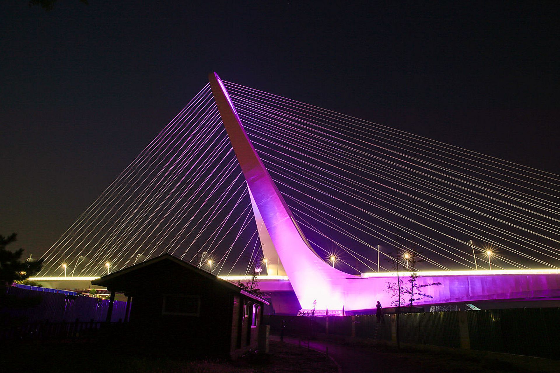复兴大街跨滹沱河特大桥亮起了彩灯,霓虹璀璨照亮了夜空