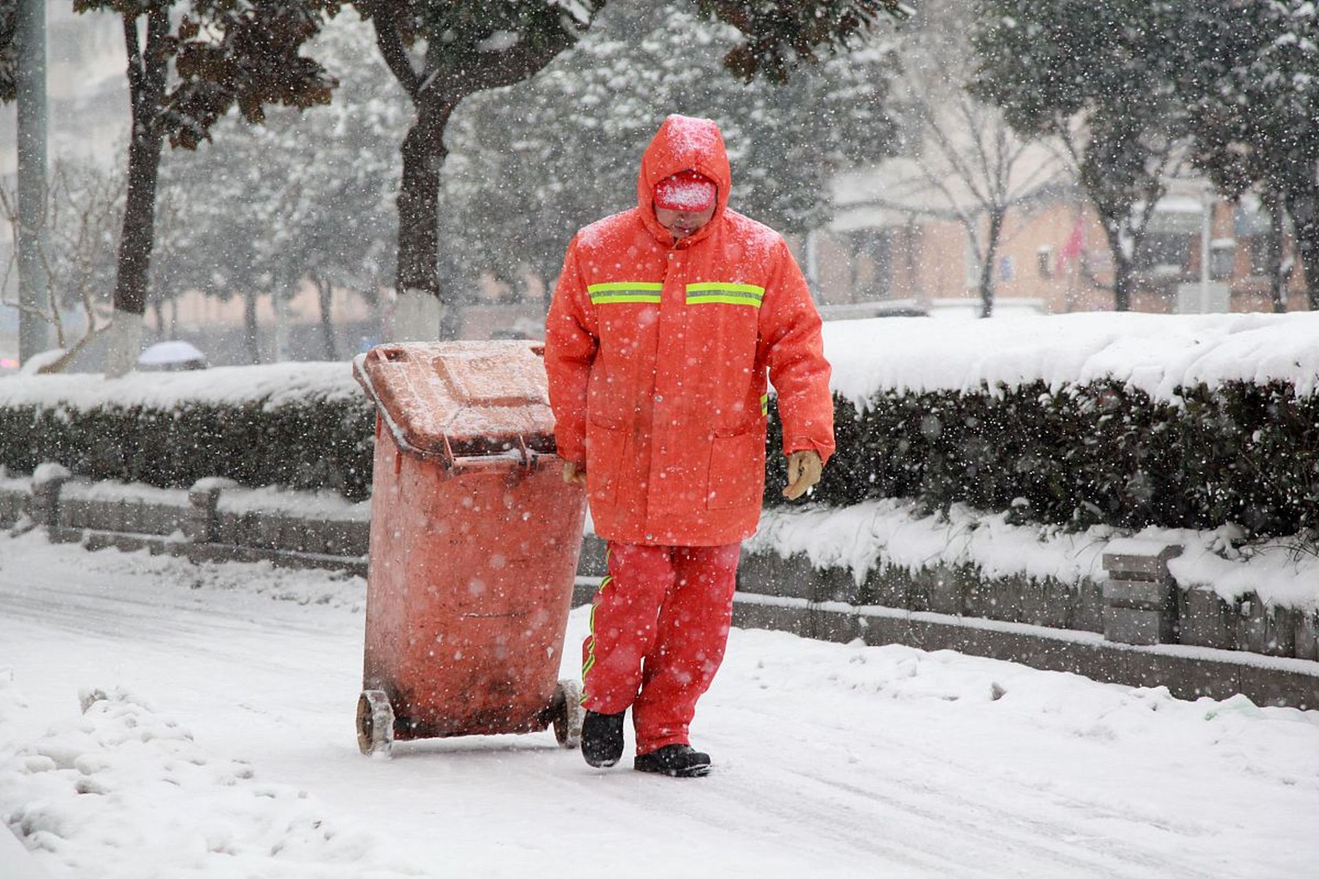 环卫工人扫雪背影图片