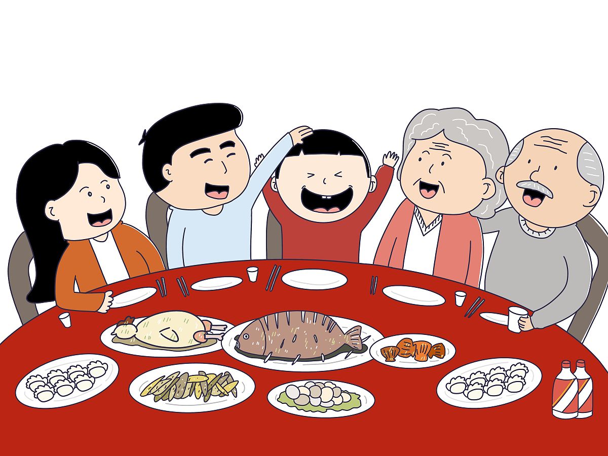 家人聚一起卡通图片年的漫画家庭套餐卡通图五口之家吃饭卡通看图说话